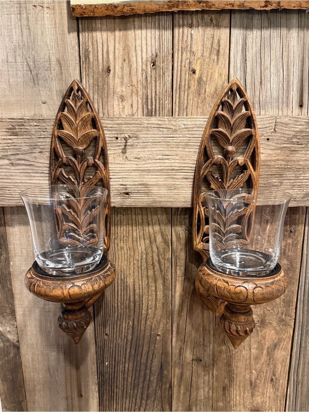 Pair of Pier-1 hand-carved wooden candle wall sconces with fluted glass cups